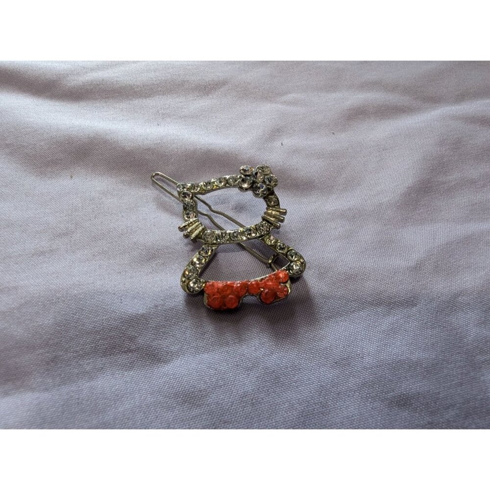Vintage Hello Kitty Rhinestone Bow Hair Clip Barrette Silver Tone Metal